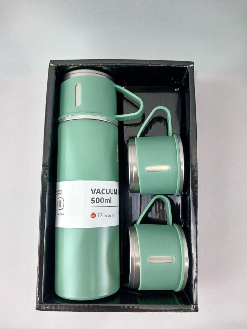 Vacuum Flask Set Üç Bardaklı Kutulu Paslanmaz Çelik Termos Seti 500 Ml