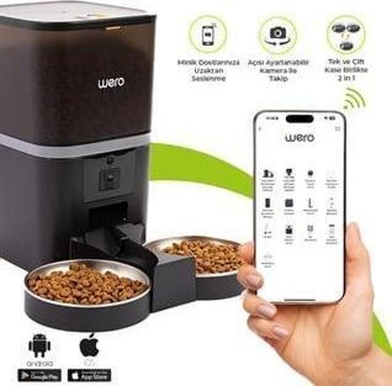 1080P Çift/Tek Kaseli Mama Kabı, Ayarlanabilir Kamera, 6 Lt, WiFi Kontrol Kedi / Köpek Besleyici, Çift/Tek 2'si 1 Arada Paslanmaz Çelik Kaseli – Siyah