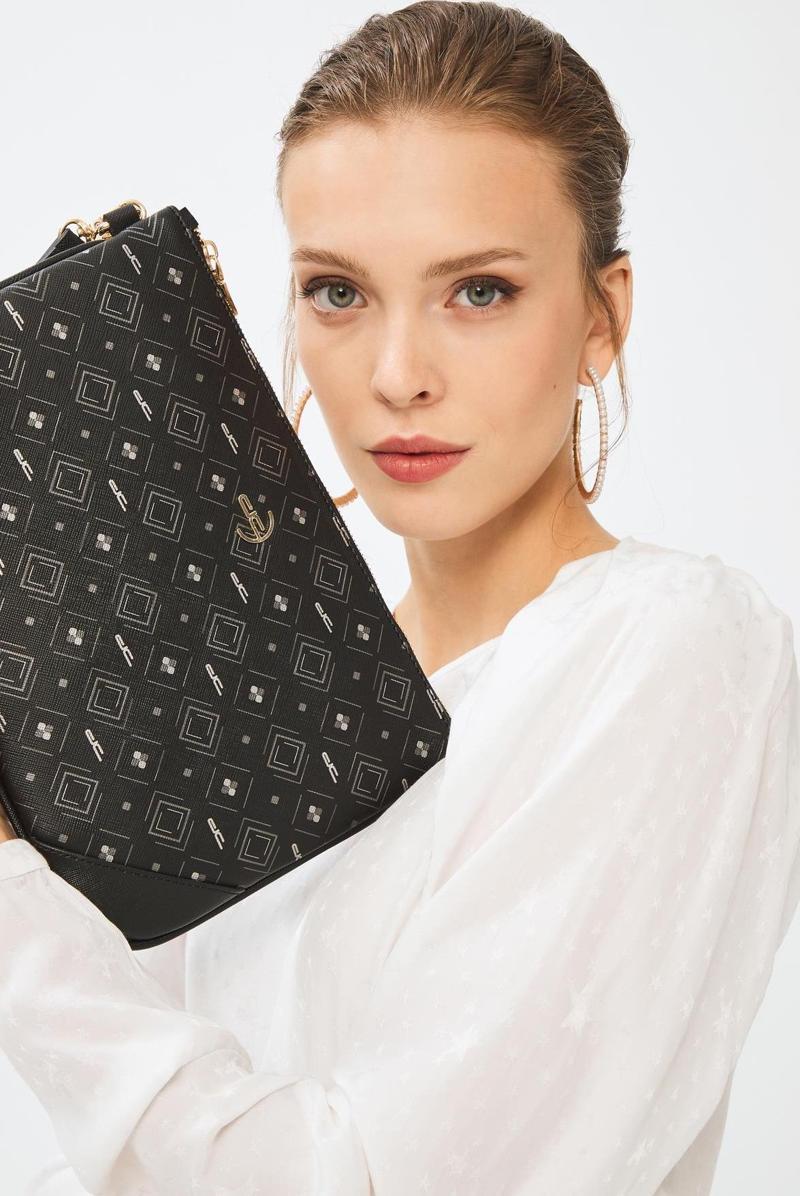 Kadın Basic Clutch Çanta Monogram Desenli Siyah Gri 214002