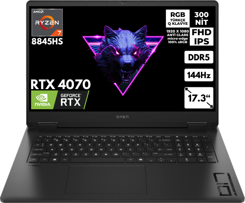 Omen 17-DB0021NT R7-8845HS 24-GBDDR5 512 GB SSD RTX4070 (8 GB) 17.3" FHD Windows 10 Home A44QSEAHMFY99