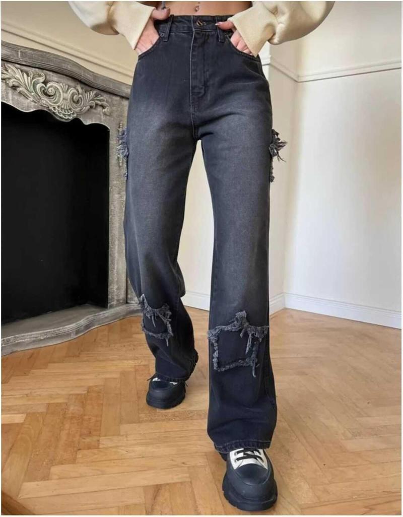 2424 Kadın Yıldız Detaylı Baggy Jeans Kot Denim Pantolon