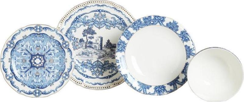 Florance Mavi&Beyaz Desenli New Bone China Porselen 24 parça Yemek Takımı