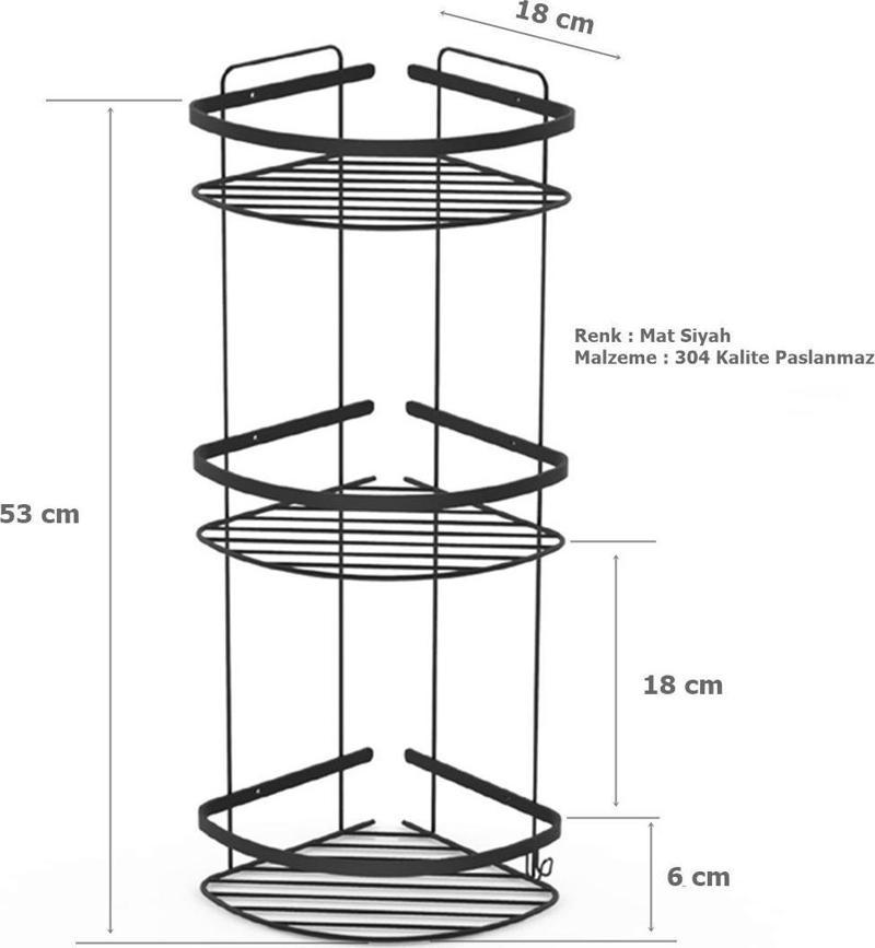 3 Katlı Köşelik Banyo Rafı Şampuanlık Mat Siyah Paslanmaz