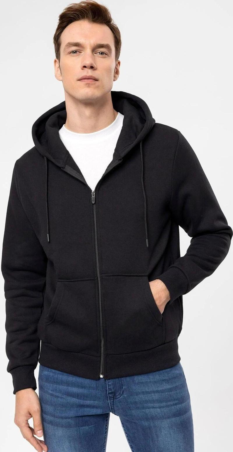Kapüşonlu Fermuarlı Yaka Regular Kalıp Düz Siyah Sweatshirt