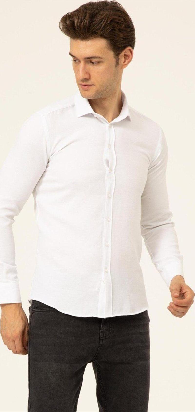 Köşeli Manşet Slimfit Armürlü Business Beyaz Gömlek