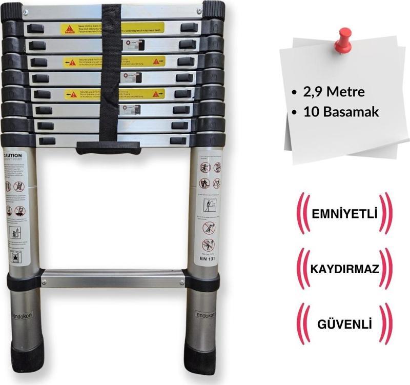 10 Basamak - 290 cm. Teleskobik / Teleskopik Alüminyum Merdiven - I Tipi Uzayan Merdiven