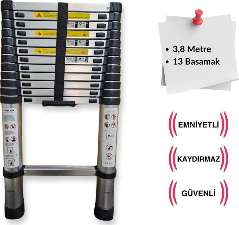 13 basamak - 380 cm. Teleskobik / Teleskopik Alüminyum Merdiven - I Tipi Uzayan Merdiven