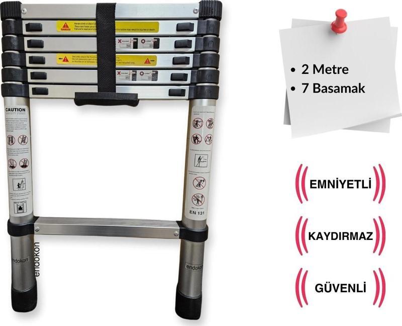 7 Basamaklı - 200 cm. Teleskobik / Teleskopik Alüminyum Merdiven - I Tipi Uzayan Merdiven