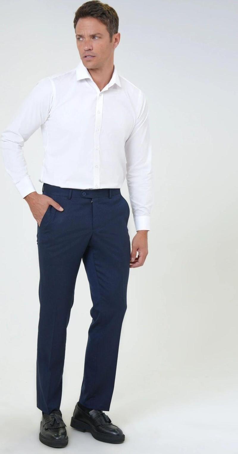 Slim Fit Düz Esnek Lacivert Kumaş Pantolon