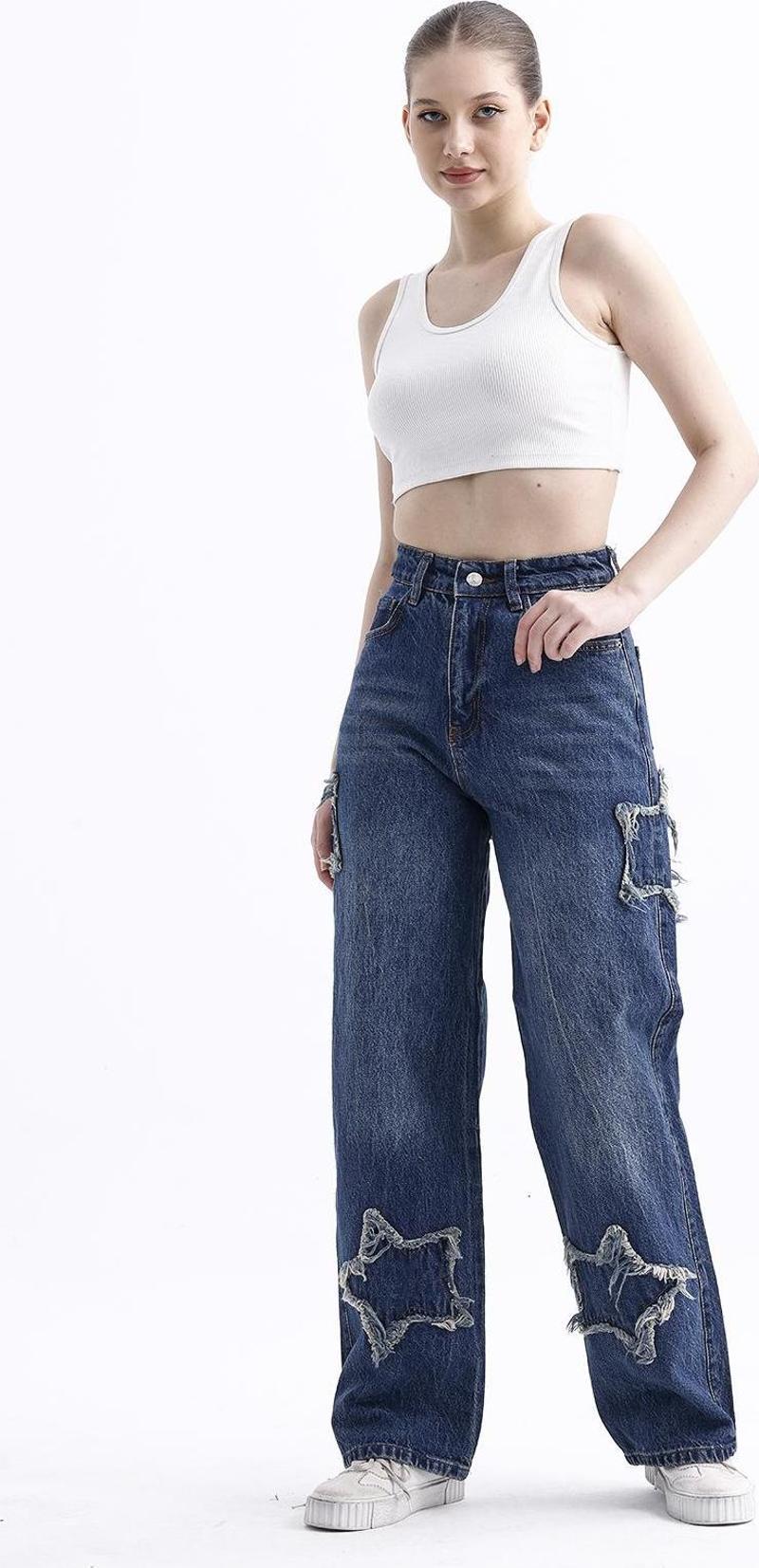 2424 Kadın Yıldız Detaylı Baggy Jeans Kot Denim Pantolon