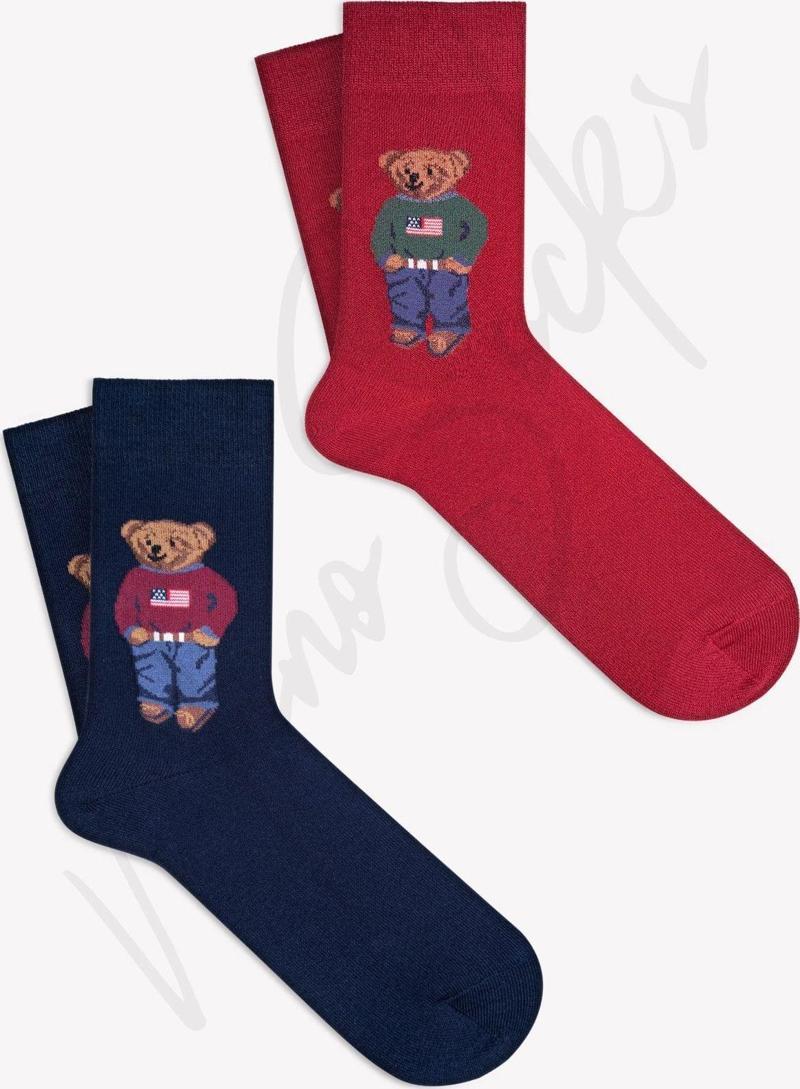 2 Li Teddy Bear Ayıcık Desenli Çorap Bordo - Lacivert 36 - 40