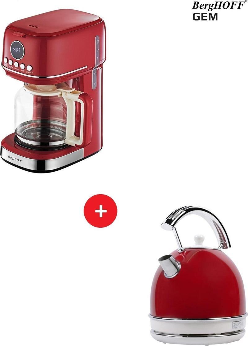RETRO Kırmızı Filtre Kahve Makinesi + Retro Su Isıtıcı Kettle Yuvarlak