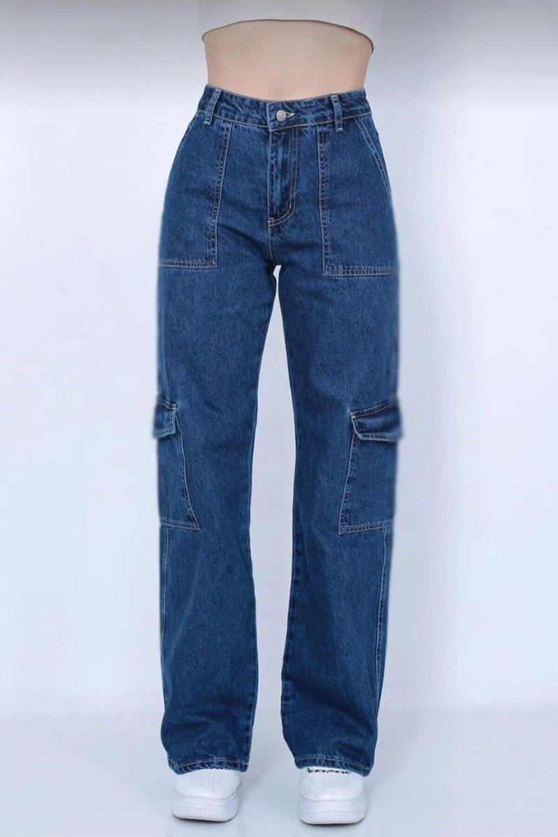 2090 Kadın Likrasız Kargo Cepli Bol Paça Jeans Kot Denim Pantolon