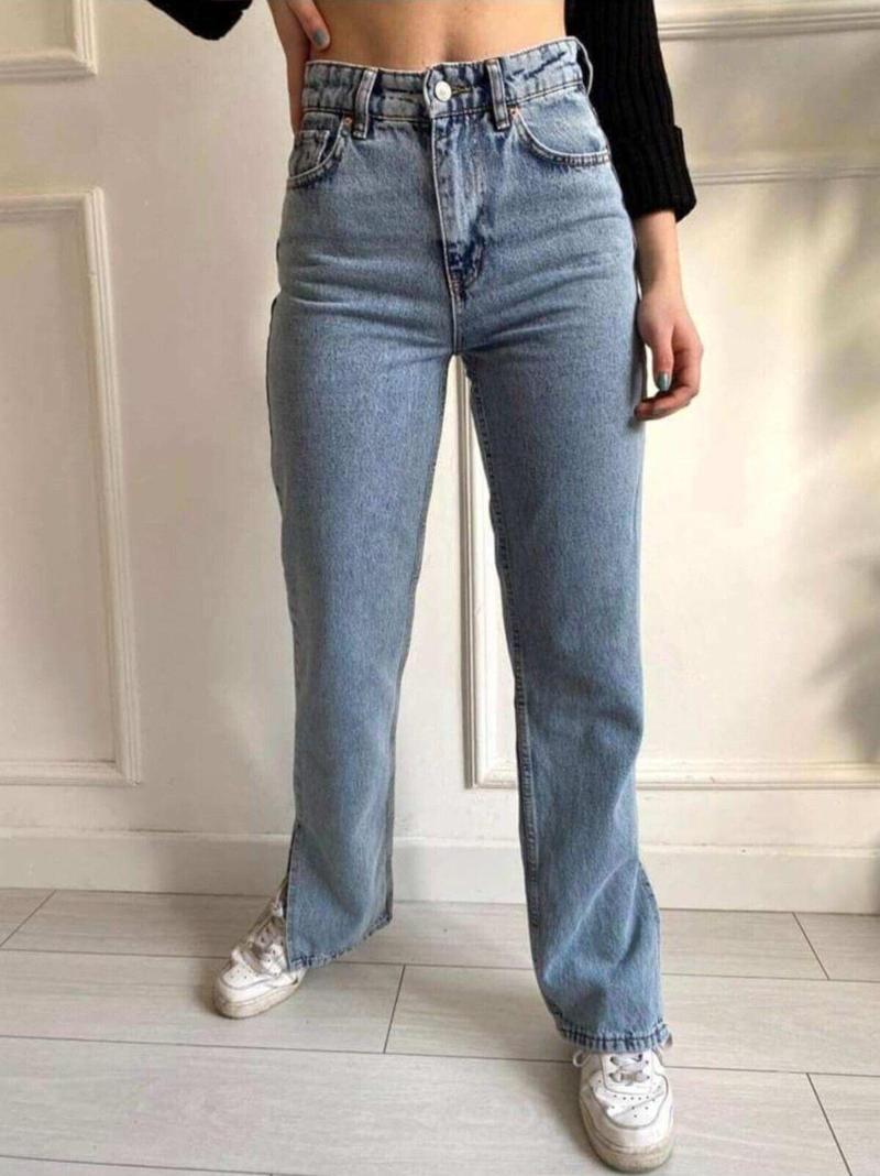 2035 Kadın Likralı Yanı Yırtmaçlı Bol Paça Jeans Kot Denim Pantolon