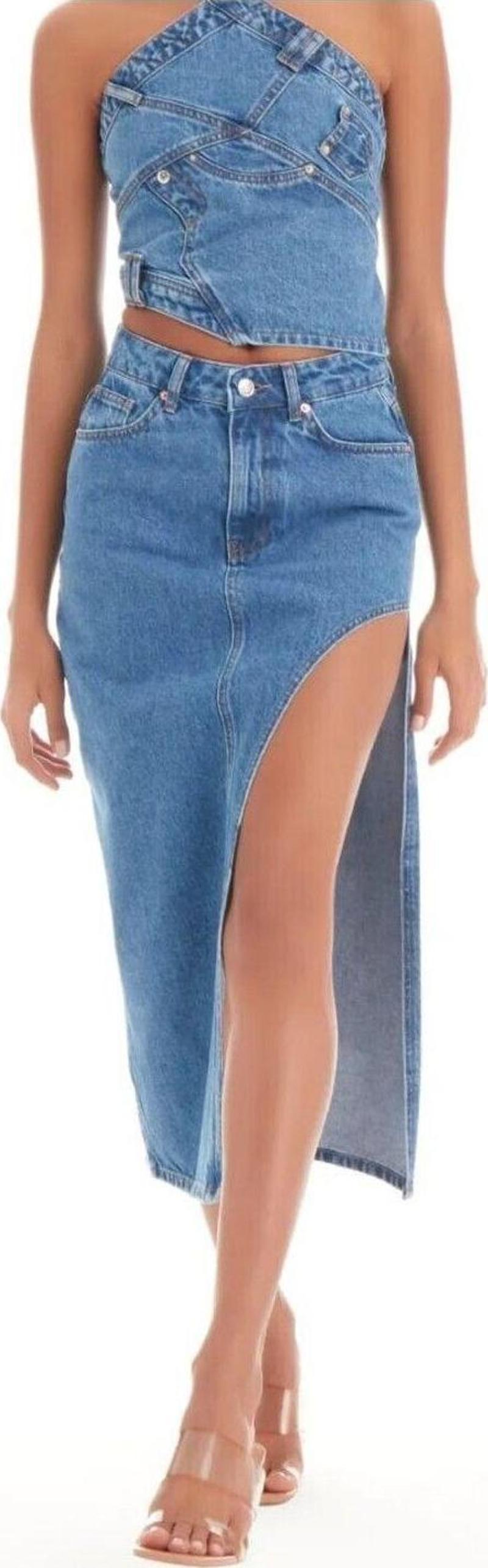 2094 Kadın Likrasız Yandan Yırtmaçlı Jeans Kot Denim Etek