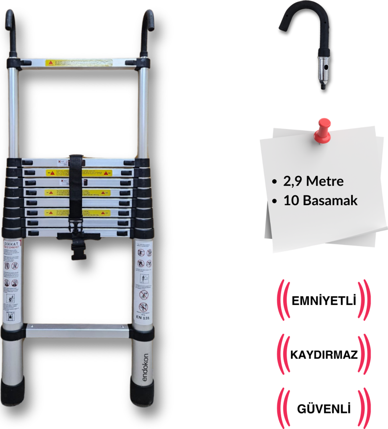 10 Basamak - 290 cm. Kancalı Teleskobik / Teleskopik Alüminyum Merdiven - I Tipi Uzayan Merdiven