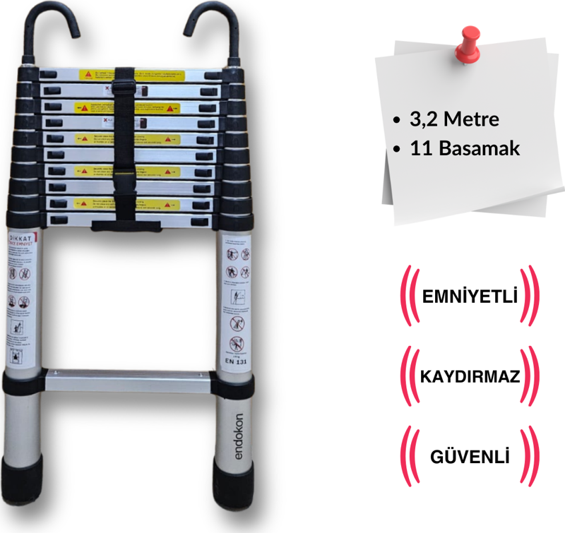 320 cm. - 11  Basamaklı Kancalı Teleskobik / Teleskopik Merdiven - I Tipi Uzayan