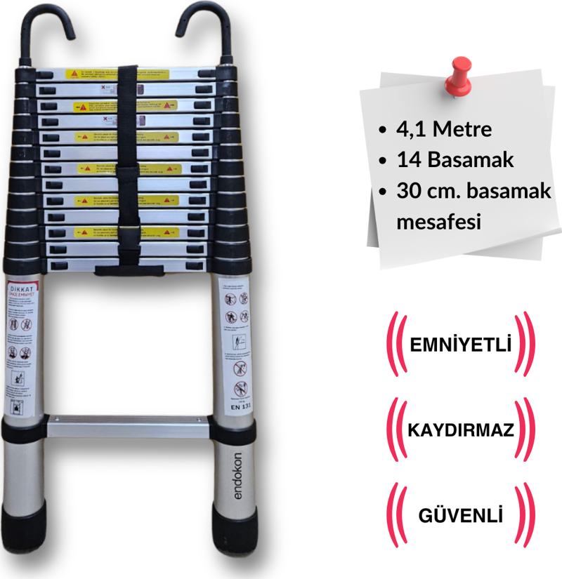 410 cm. - 14  Basamaklı Kancalı Teleskobik / Teleskopik Alüminyum Merdiven - I Tipi Uzayan Merdiven