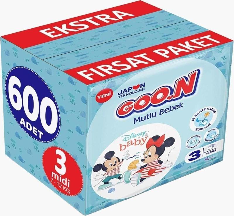 Goon Mutlu Bebek Bebek Bezi Beden:3 (7-12Kg) Midi 600 Adet Ekstra Fırsat Pk