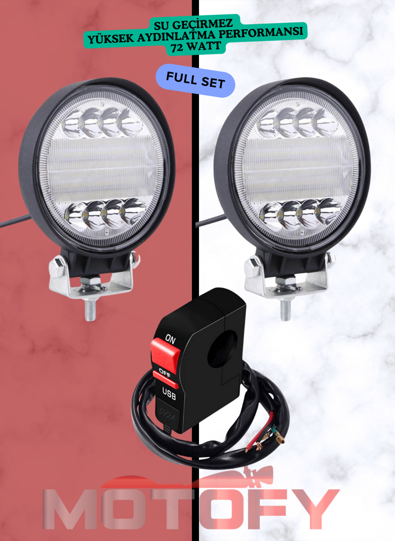 72 WATT YUVARLAK SU GEÇİRMEZ LED MOTOSİKLET SİS FARI TAKIMI + USB'Lİ BUTON