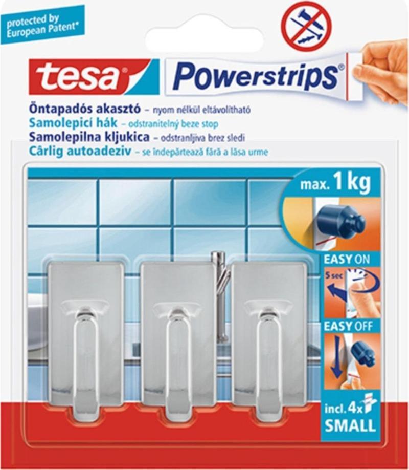 Tesa Powerstrips® Küçük Dikdörtgen Çıkarılabilir Krom 3'Lü Askı