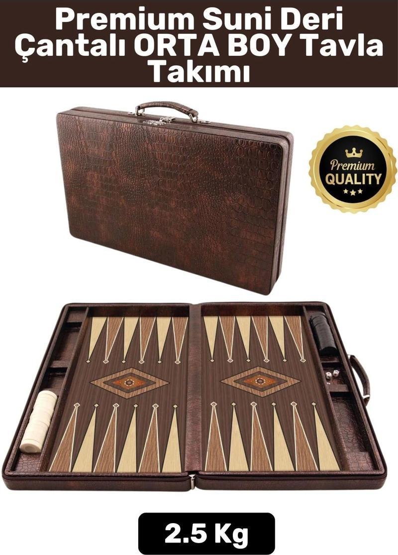 Premium Yüksek Kaliteli Tam Suni Deri Kaplama Fermuarlı Çantalı Akrilik Pullu Orta Boy Tavla Takımı