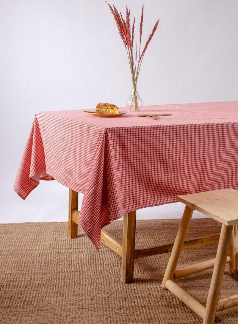 Arya | Keten Piti Kareli Kırmızı Masa Örtüsü, Pötikare Piknik Örtüsü 130 X 130 Cm