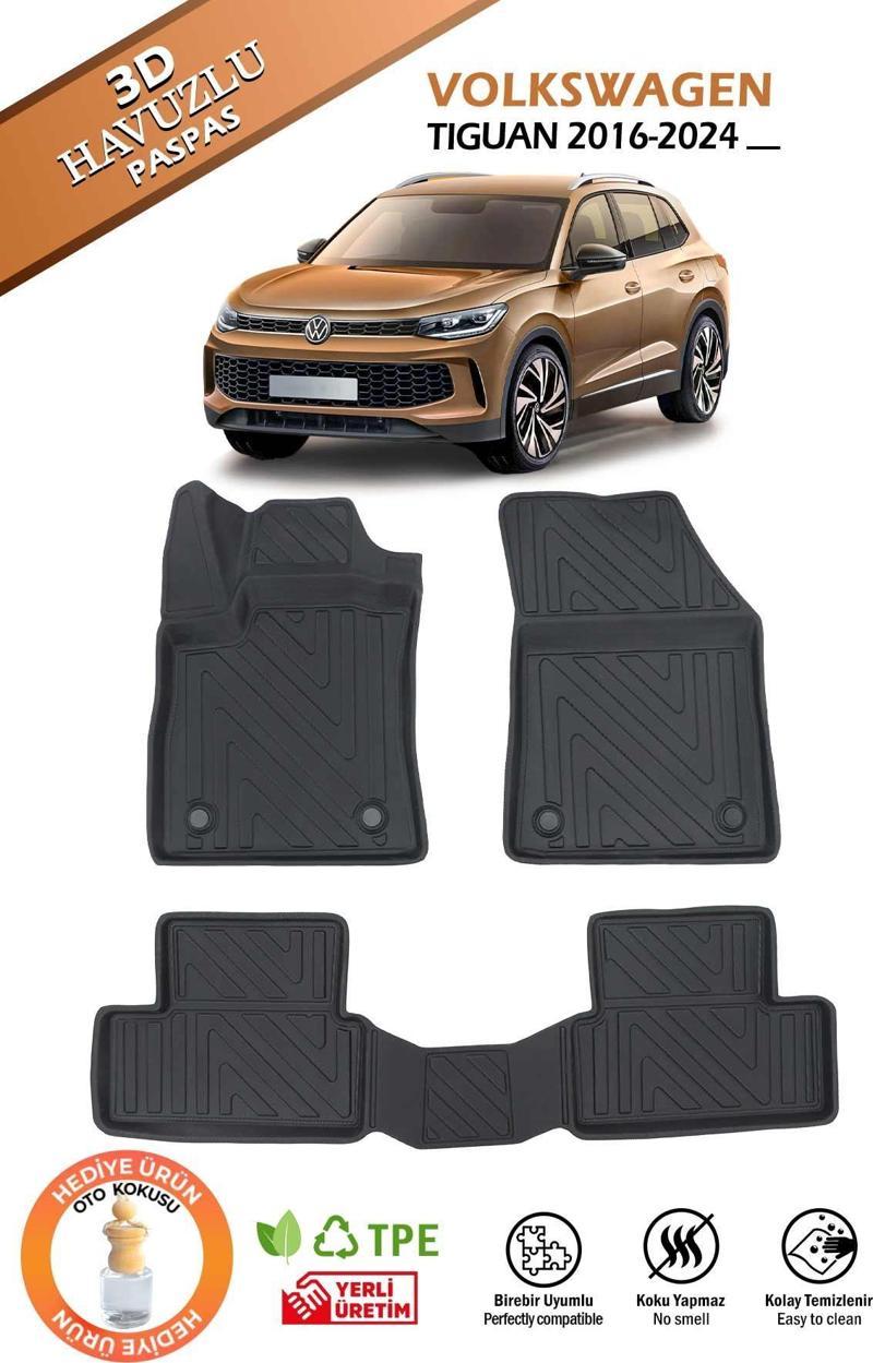 Havuzlu 3d Siyah Paspas Takımı, VOLKSWAGEN-TIGUAN-2016-2024  3d Havuzlu Paspas, HediyeAraç Kokusu