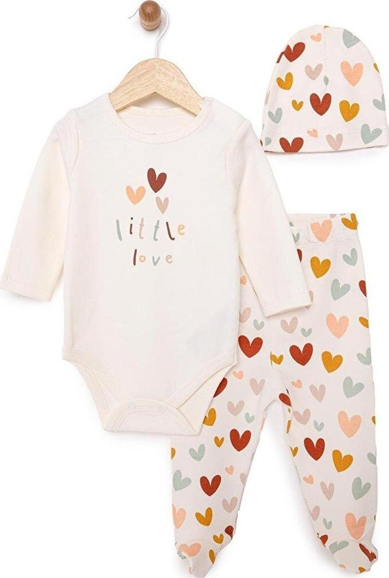 HelloBaby Kalp Baskılı Yenidoğan Kız Body-Patikli Alt-Şapka Kız Bebek