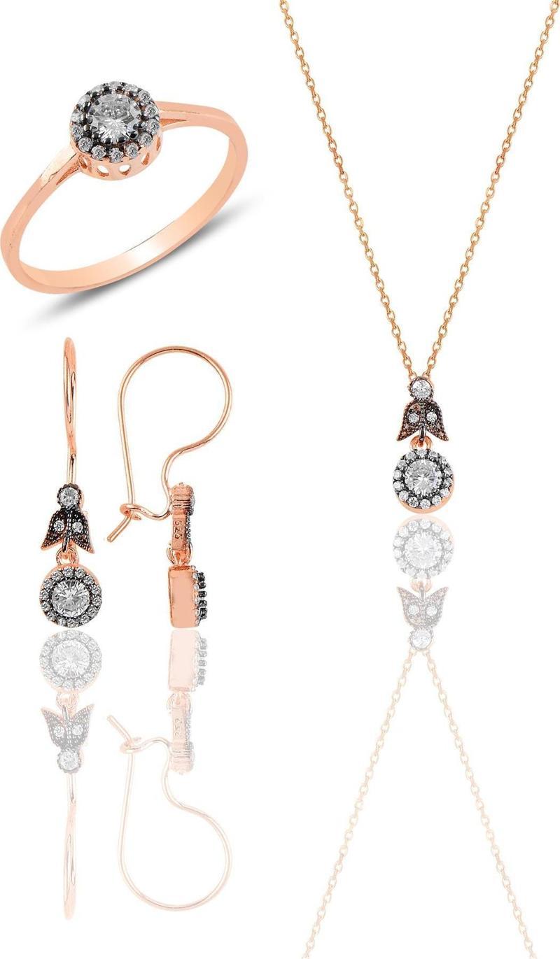 Gümüş rose elmas montürlü yuvarlak üçlü set… 
