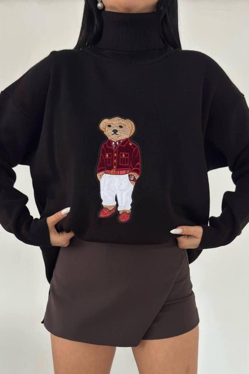 Ayıcıklı Kazak - Balıkçı Yaka Teddy Bear Aplikli Oversize Kadın Triko Kazak 650