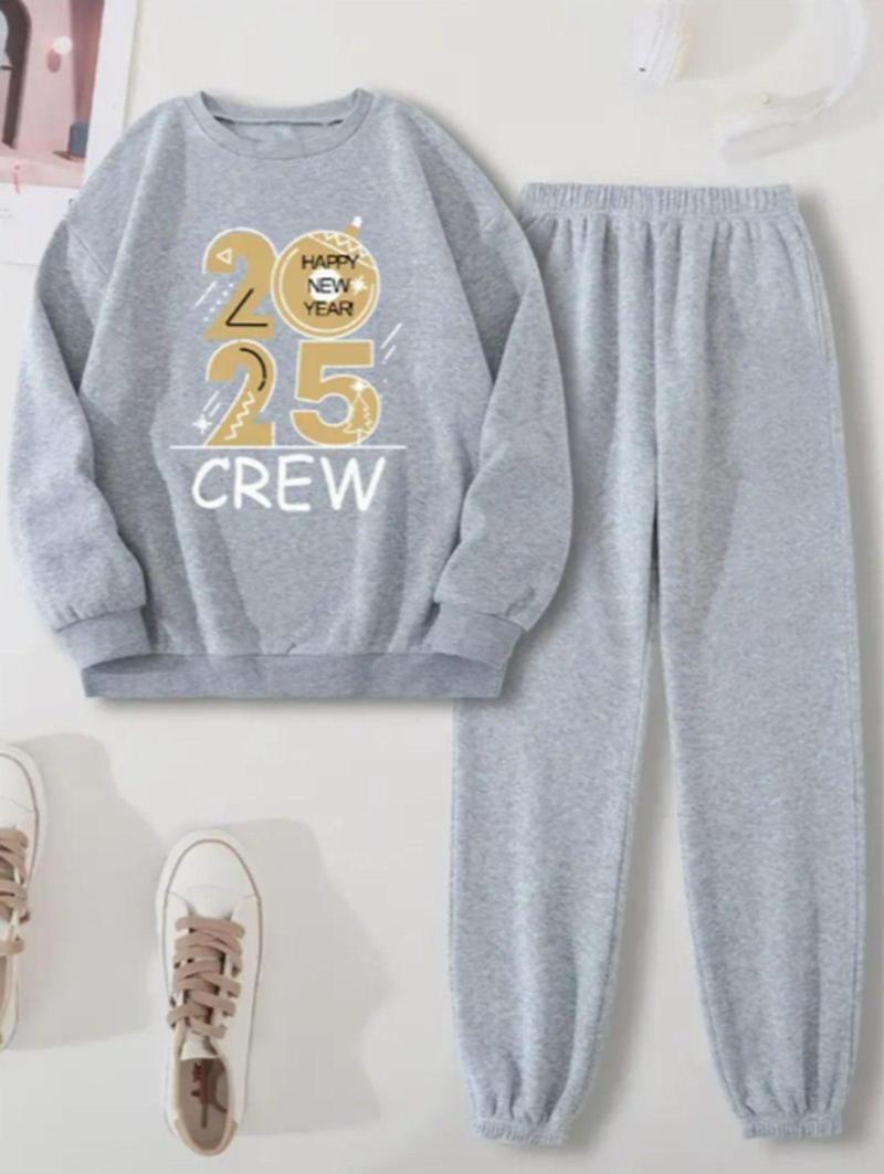 Yılbaşı Temalı 2025 Baskılı Unisex Bisiklet Yaka Şardonlu Oversize Eşofman Takımı Gri L