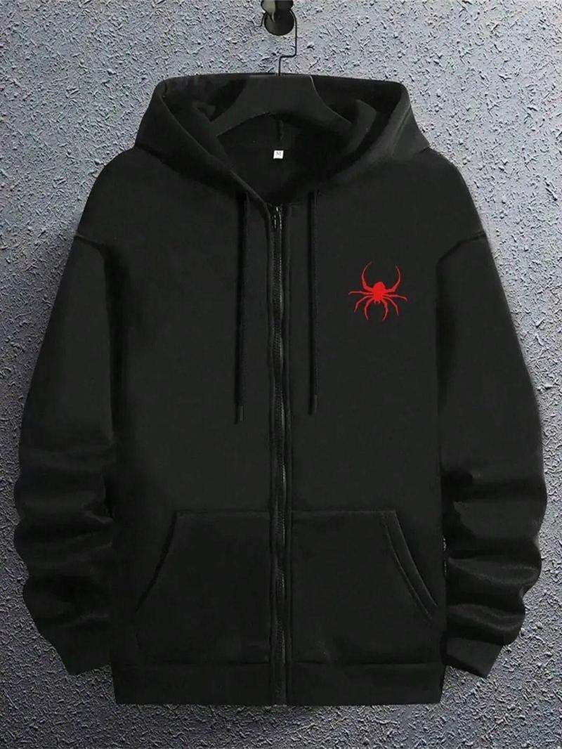 Siyah Örümcek Baskılı Unisex Kapüşonlu Kanguru Cepli Oversize Mevsimlik Fermuarlı Sweatshirt /Hırka Siyah S