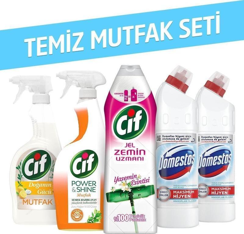 Temiz Mutfak Seti Cif Sprey X2 + Cif Jel Zemin Uzmanı + Domestos Karbeyaz