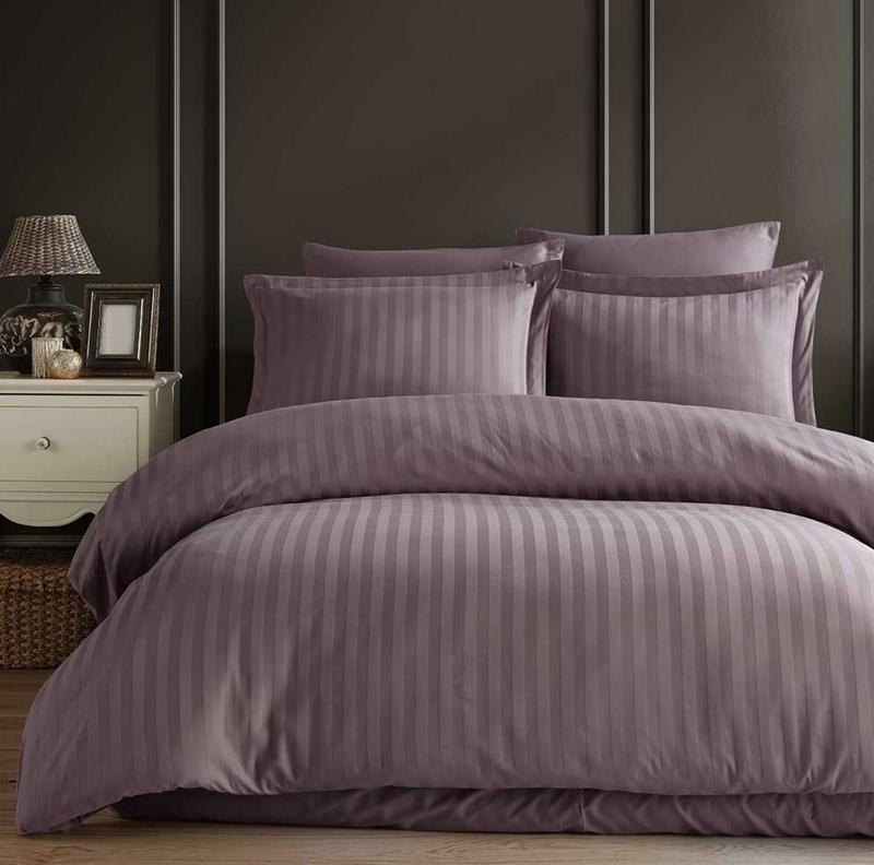 İyi Geceler İstanbul Stripe Saten Çift Kişilik Mürdüm Nevresim Takımı