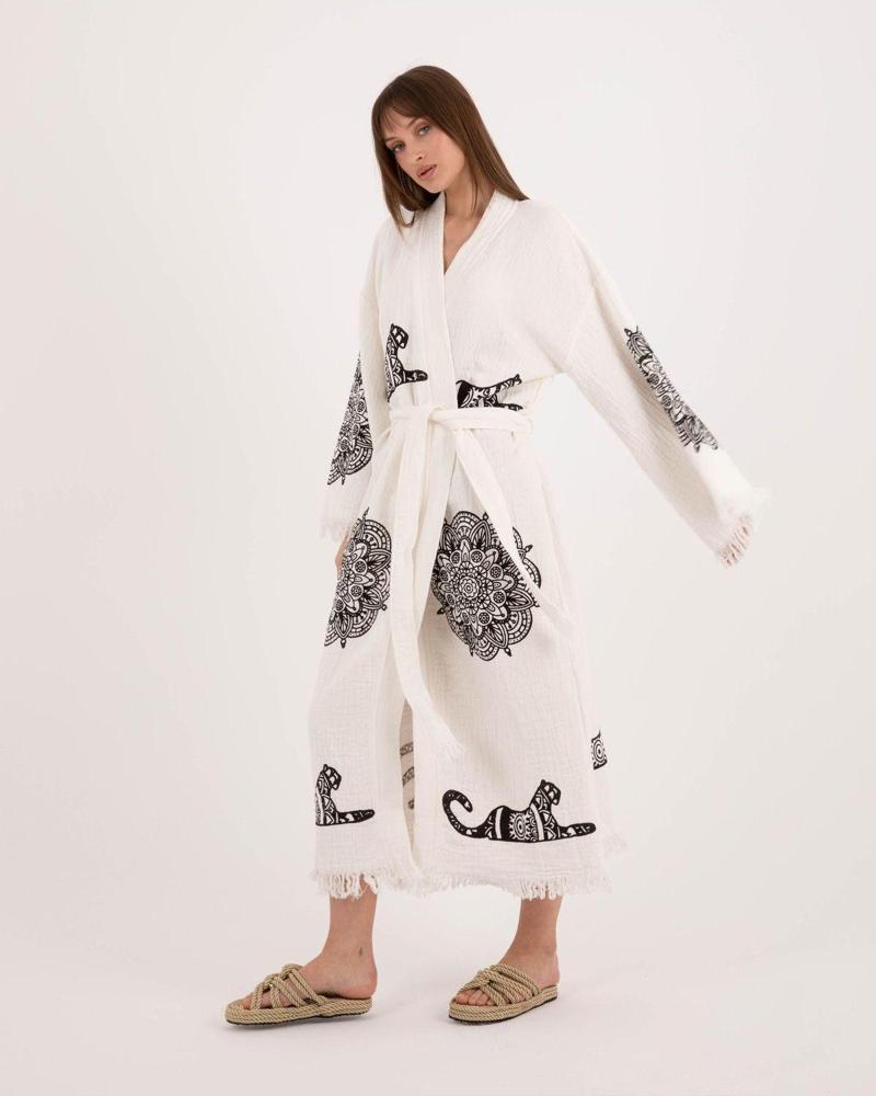 Müslin Kimono %100 Pamuklu Leopar Baskılı Desenli Bornoz Kaftan Sabahlık