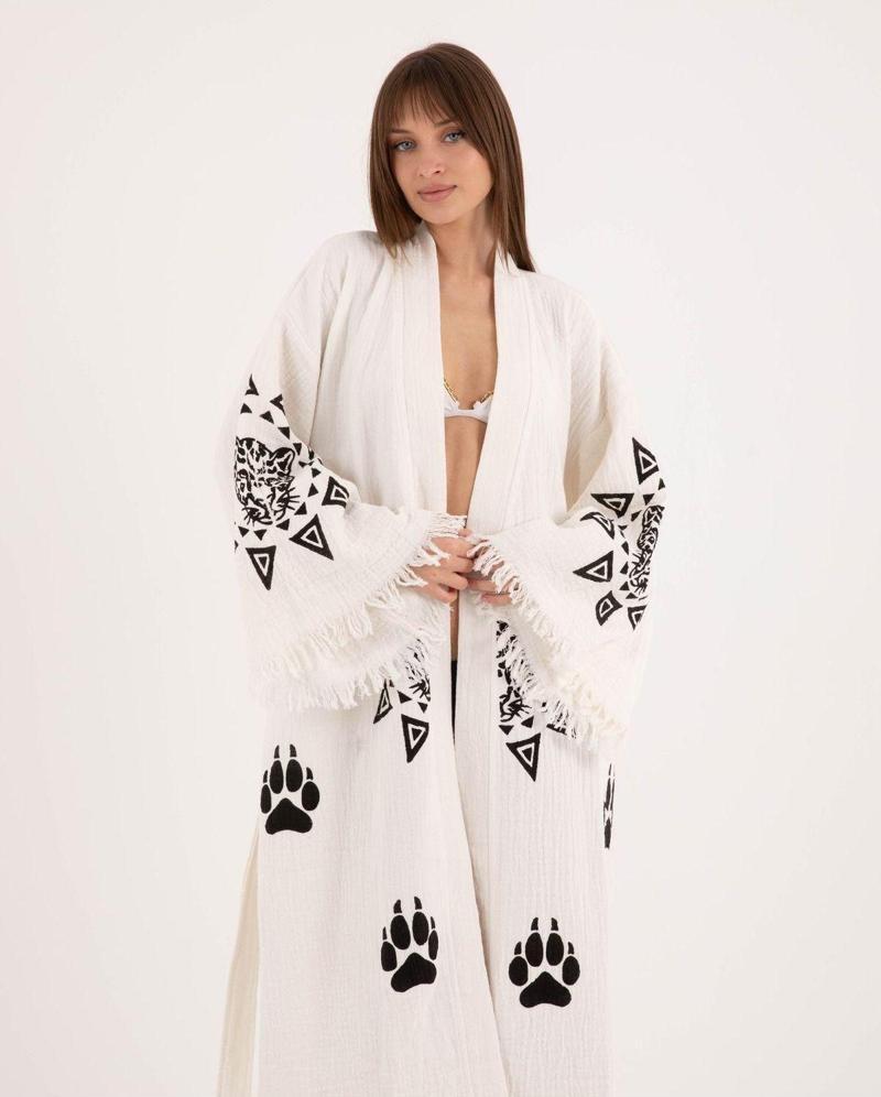 Müslin Kimono %100 Pamuklu Leopar Baskılı Desenli Bornoz Kaftan Sabahlık