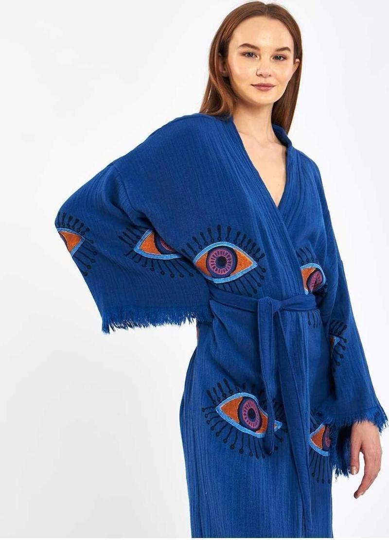 Müslin Kimono %100 Pamuklu Göz Desenli Bornoz Kaftan Sabahlık