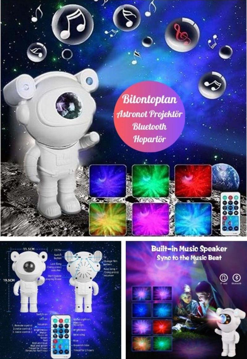 Kumandalı Gece Lambası Yeni Nesil Bluetooth Hoparlörlü Astronot Yıldız Gezegen Projektörü Büyük Boy