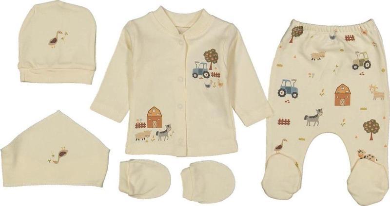 Organik 5 Parça Erkek Bebek Çiftlik Baskılı Bej Renk Hastane Çıkışı 235650