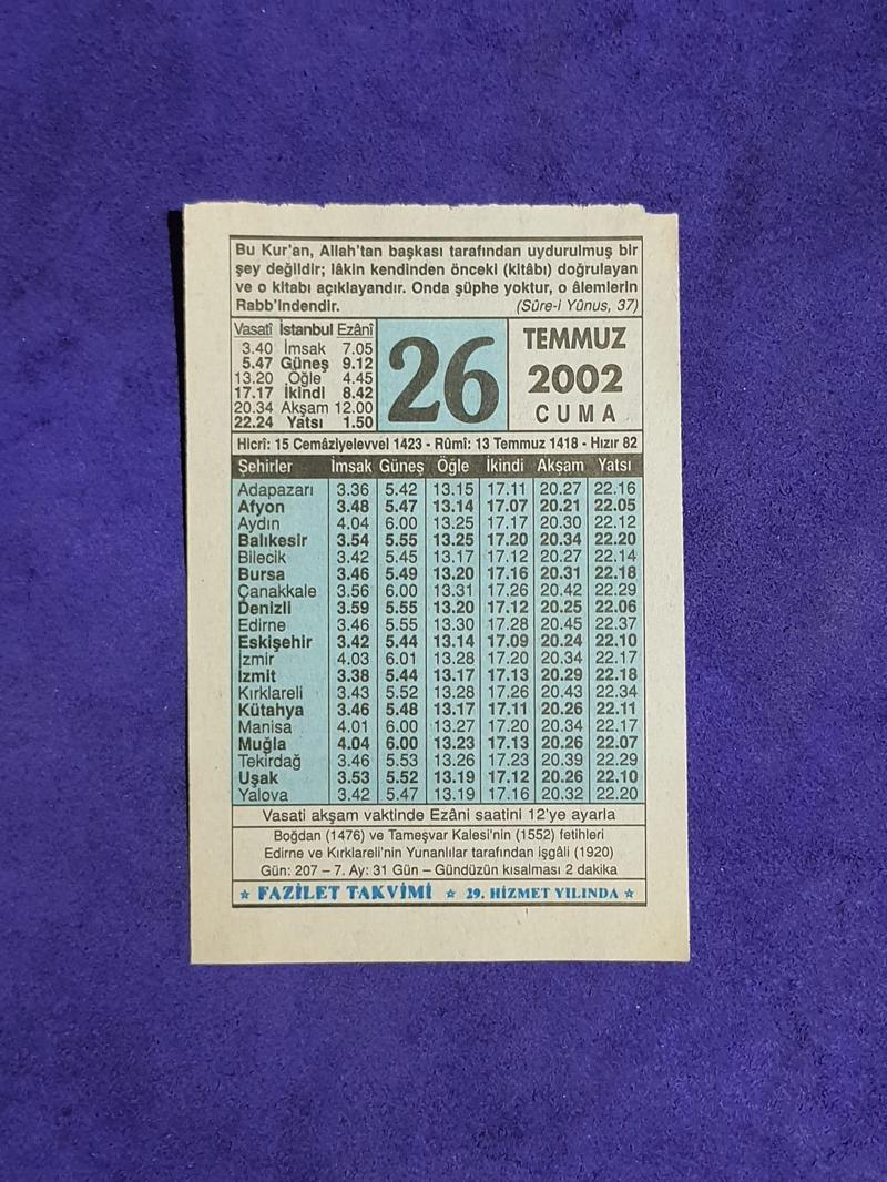 26 Temmuz 2002 Takvim Yaprağı - Nostalji Koleksiyonluk Takvim Yaprağı