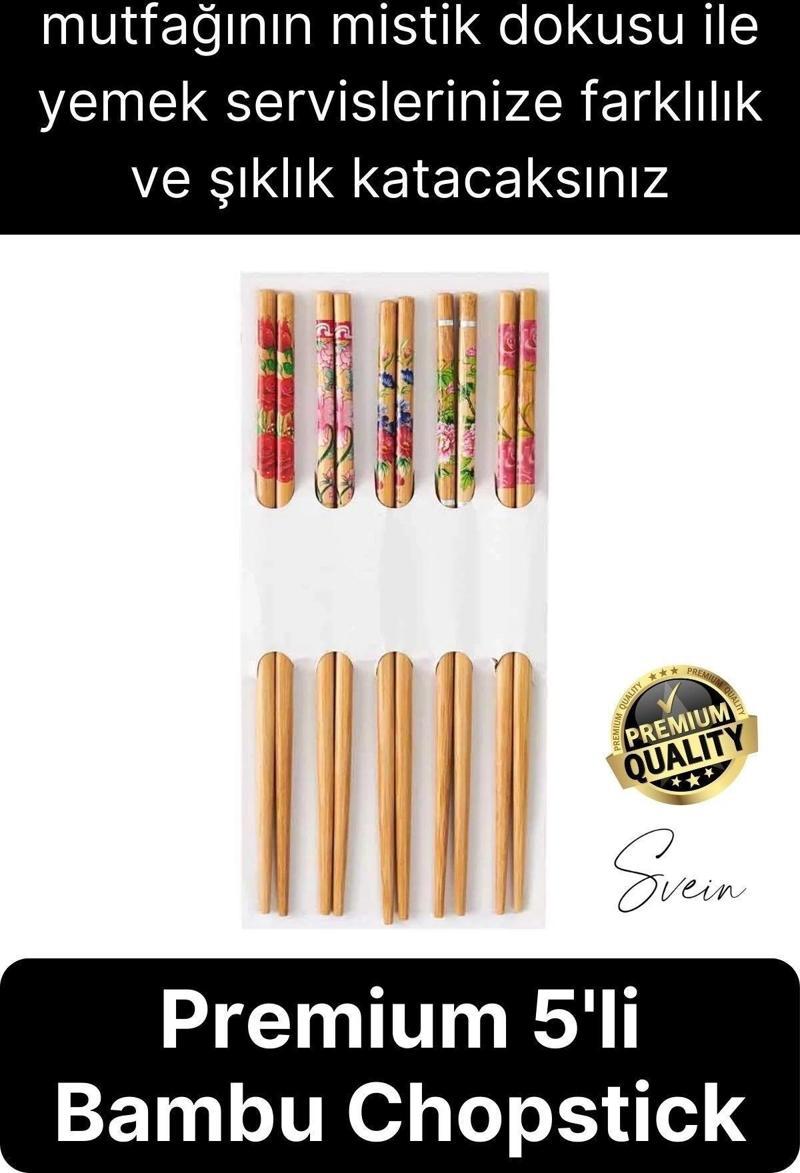 Premium Bambu 5'li Kaymaz Yıkanabilir Desenli Çin Yemek Çubuğu Uzakdoğu Asya Mutfağı Chopstick Set