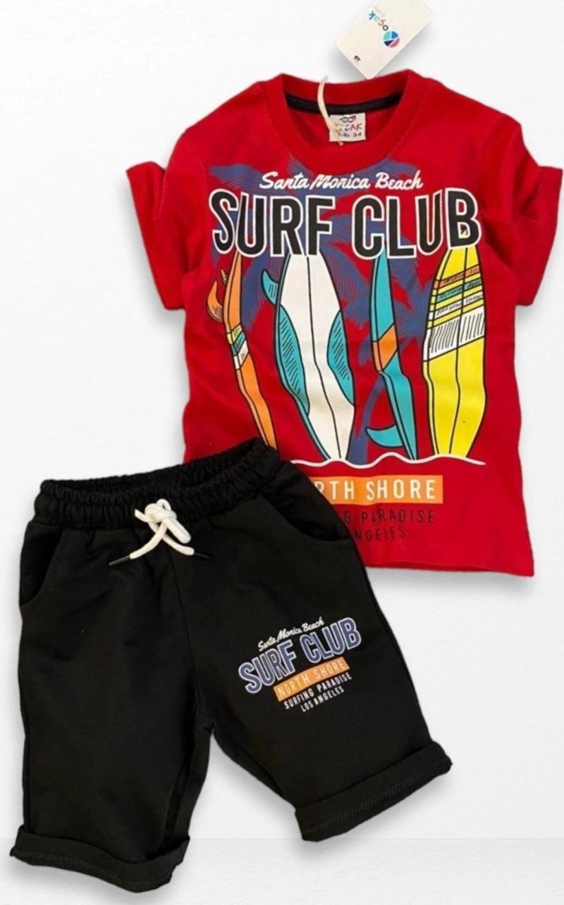 Surf Club Yazı Desenli Kırmızı Renk Şortlu Takım