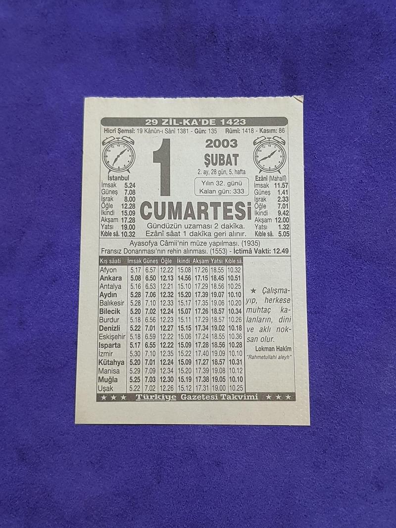 1 Şubat 2003 Takvim Yaprağı - Nostaljik Koleksiyonluk Takvim Yaprağı