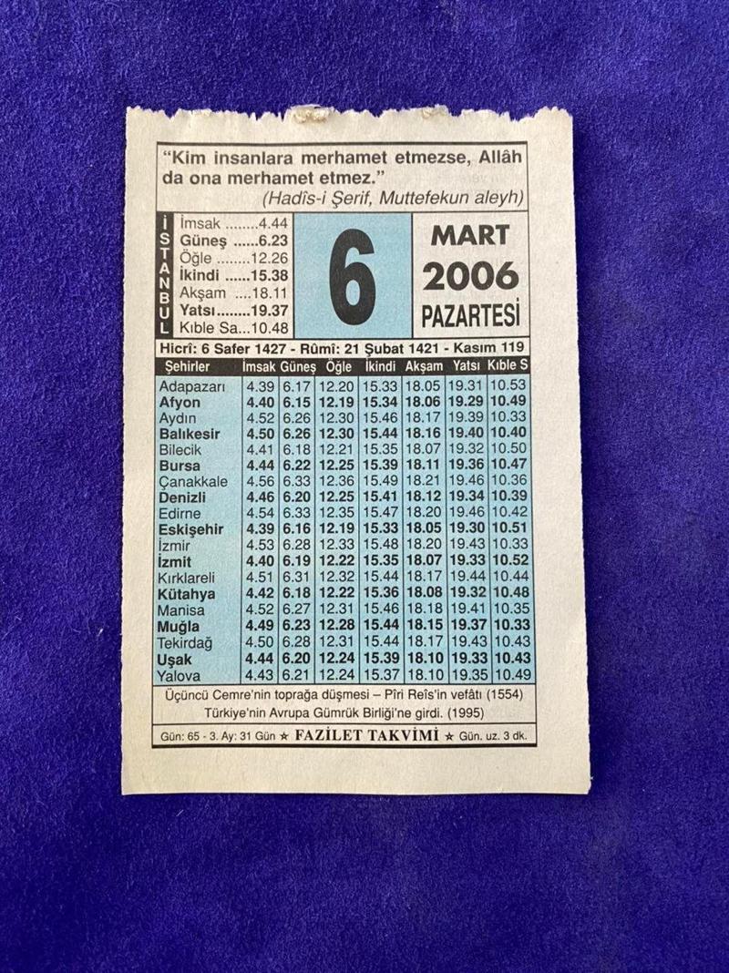 6 Mart 2006 Takvim Yaprağı - Nostalji Koleksiyonluk Takvim Yaprağı