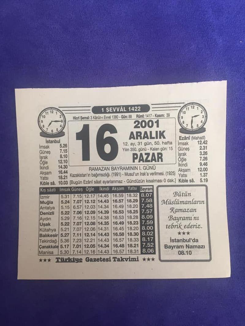 16 Aralık 2001 Takvim Yaprağı - Nostalji Koleksiyonluk Takvim Yaprağı B
