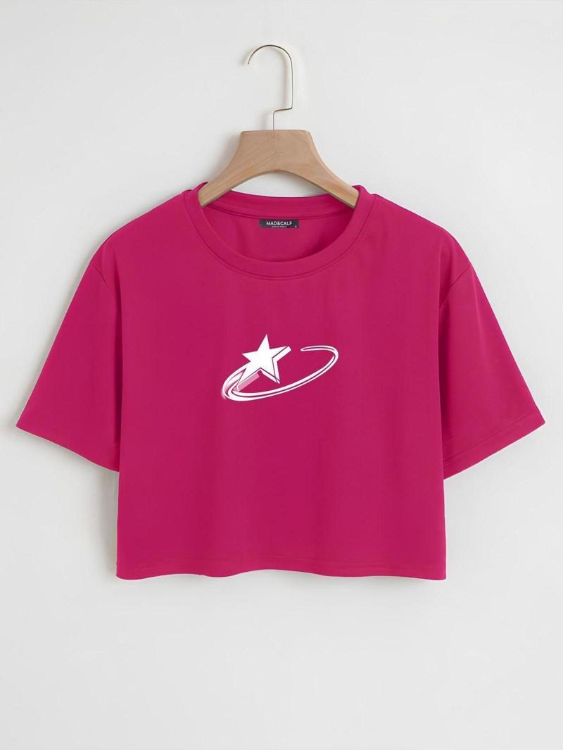 Kadın Falling Star Baskılı Oversize Crop Tshirt Fuşya L