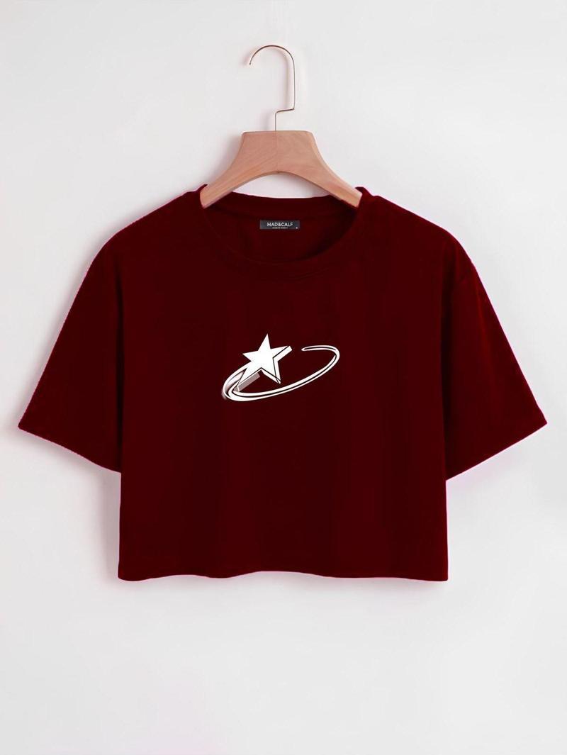 Kadın Falling Star Baskılı Oversize Crop Tshirt Bordo XS