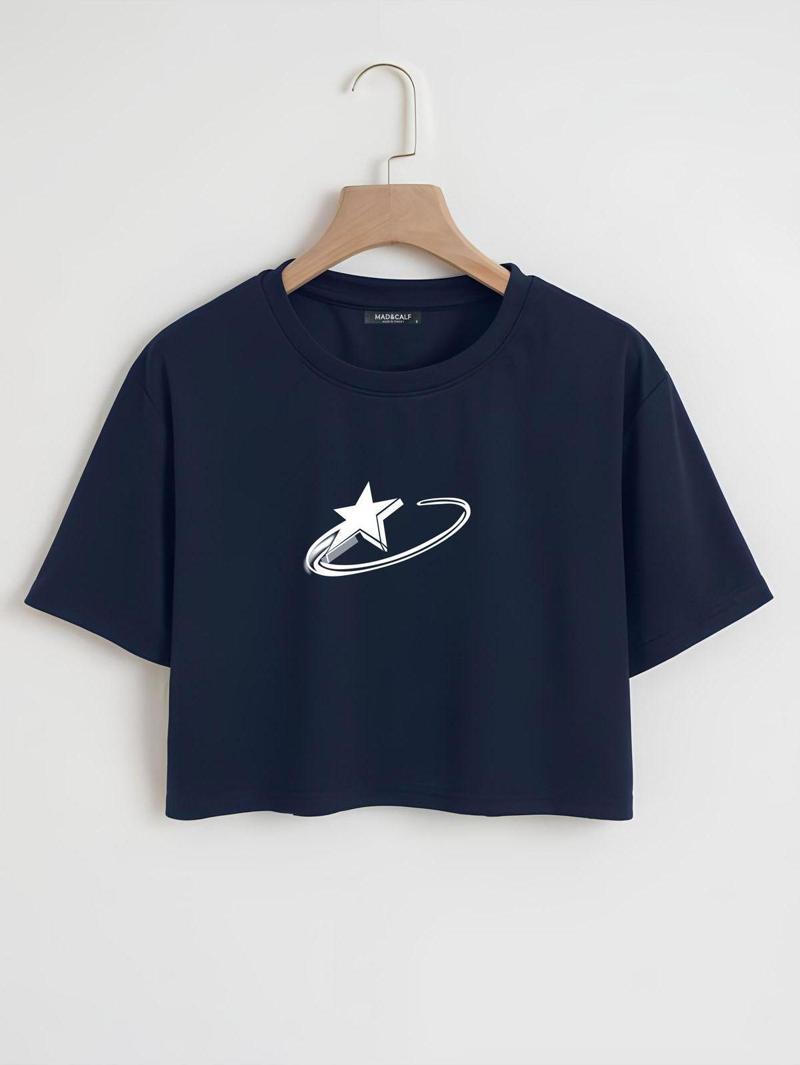 Kadın Falling Star Baskılı Oversize Crop Tshirt Lacivert L