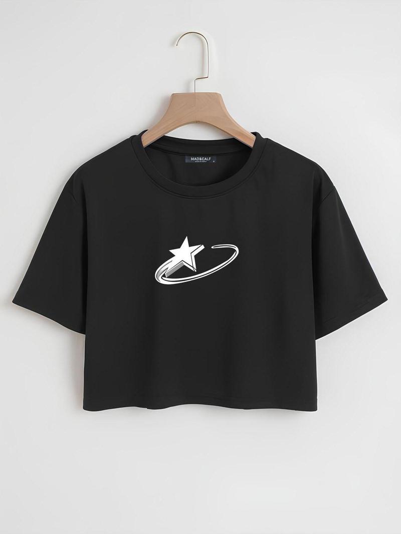 Kadın Falling Star Baskılı Oversize Crop Tshirt Siyah XS